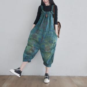 Vintage Green Flowers Cotton Overalls Ripped Dungaree for Plus Size Woman