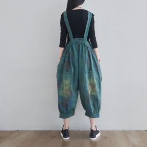 Vintage Green Flowers Cotton Overalls Ripped Dungaree for Plus Size Woman