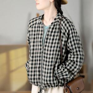 Front Zip Linen Jacket Long Sleeves Plaid Baseball Jacket