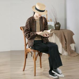 Front Zip Linen Jacket Long Sleeves Plaid Baseball Jacket