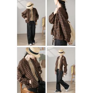 Front Zip Linen Jacket Long Sleeves Plaid Baseball Jacket