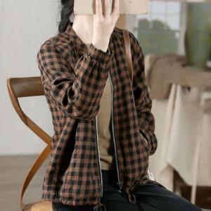 Front Zip Linen Jacket Long Sleeves Plaid Baseball Jacket