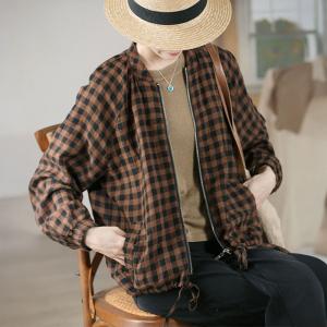 Front Zip Linen Jacket Long Sleeves Plaid Baseball Jacket