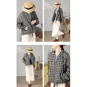 Front Zip Linen Jacket Long Sleeves Plaid Baseball Jacket