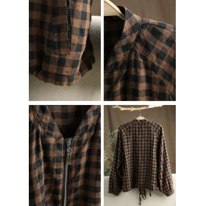 Front Zip Linen Jacket Long Sleeves Plaid Baseball Jacket