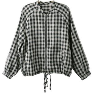 Front Zip Linen Jacket Long Sleeves Plaid Baseball Jacket