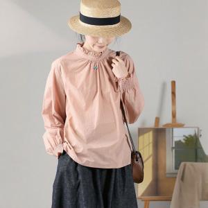 Stand Ruffle Collar Cotton Blouse Back Button Oversized Shirt