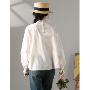 Stand Ruffle Collar Cotton Blouse Back Button Oversized Shirt