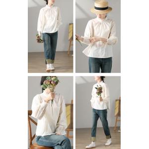 Stand Ruffle Collar Cotton Blouse Back Button Oversized Shirt