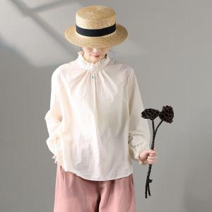 Stand Ruffle Collar Cotton Blouse Back Button Oversized Shirt