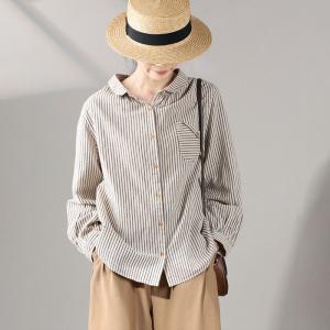 Chest Pocket Striped Blouse Cotton Linen Ladies Shirt