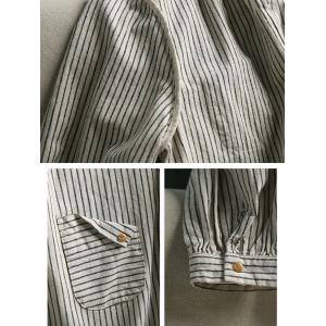 Chest Pocket Striped Blouse Cotton Linen Ladies Shirt