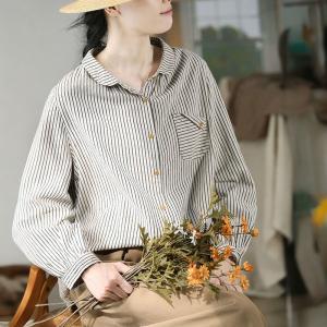 Chest Pocket Striped Blouse Cotton Linen Ladies Shirt