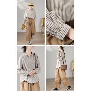 Chest Pocket Striped Blouse Cotton Linen Ladies Shirt