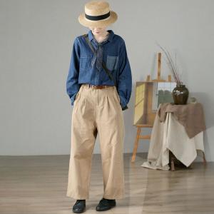 Contrast Colored Pocket Jean Shirt Cotton Linen Blue Blouse