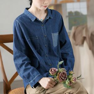 Contrast Colored Pocket Jean Shirt Cotton Linen Blue Blouse