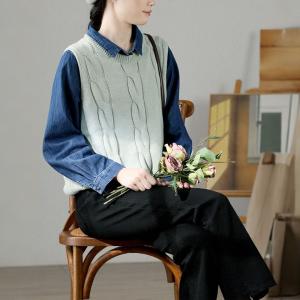 Contrast Colored Pocket Jean Shirt Cotton Linen Blue Blouse