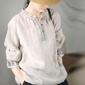 Loose Beige Embroidery Blouse Linen Henley Shirt