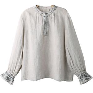 Loose Beige Embroidery Blouse Linen Henley Shirt