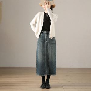 Denim High Rise Skirt Front Slit Pencil Skirt