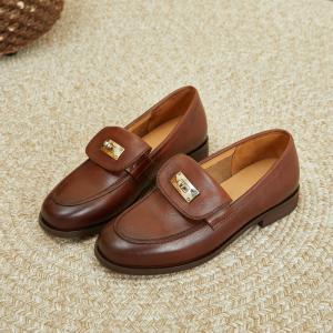 Business Low Heels Loafers Metal Button Cowhide Footwear