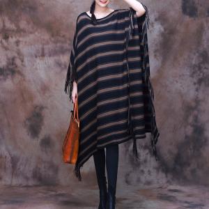 Chunky Striped Tassel Dress Plus Size Cashmere Poncho Dress