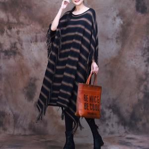 Chunky Striped Tassel Dress Plus Size Cashmere Poncho Dress