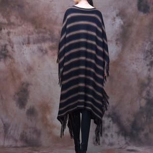 Chunky Striped Tassel Dress Plus Size Cashmere Poncho Dress