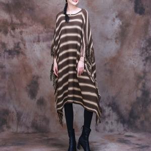 Chunky Striped Tassel Dress Plus Size Cashmere Poncho Dress