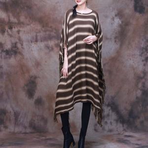 Chunky Striped Tassel Dress Plus Size Cashmere Poncho Dress
