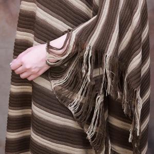 Chunky Striped Tassel Dress Plus Size Cashmere Poncho Dress