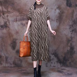 Wave Patterned Loose Jersey Dress Mock Neck Sweater Dress