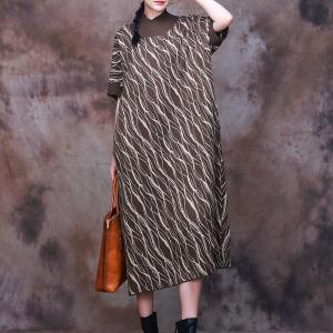 Wave Patterned Loose Jersey Dress Mock Neck Sweater Dress