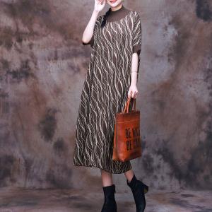 Wave Patterned Loose Jersey Dress Mock Neck Sweater Dress