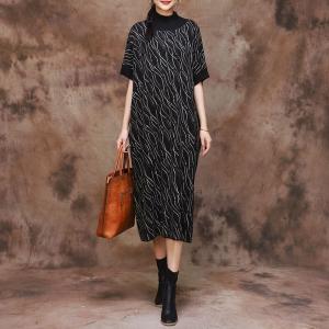 Wave Patterned Loose Jersey Dress Mock Neck Sweater Dress