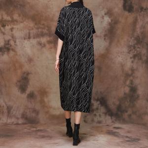 Wave Patterned Loose Jersey Dress Mock Neck Sweater Dress