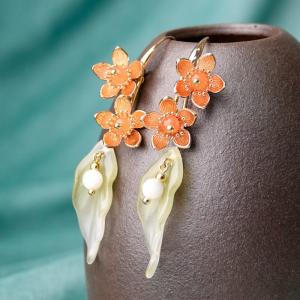 Glass Flowers Long Earrings Chinese Hanfu Earrings