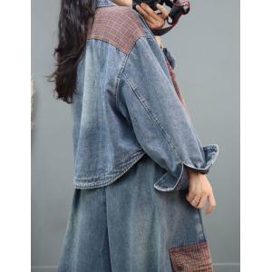 Light Wash Denim Jacket Front Checkered Pockets Oversized Biker Coat