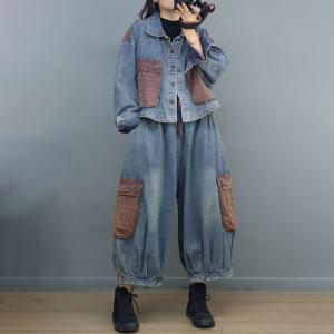 Light Wash Denim Jacket Front Checkered Pockets Oversized Biker Coat