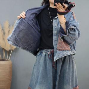 Light Wash Denim Jacket Front Checkered Pockets Oversized Biker Coat