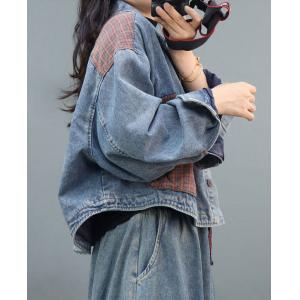 Light Wash Denim Jacket Front Checkered Pockets Oversized Biker Coat