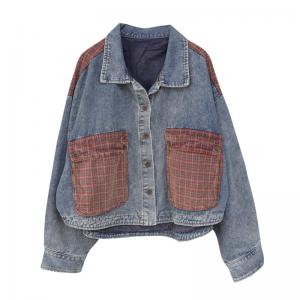 Light Wash Denim Jacket Front Checkered Pockets Oversized Biker Coat