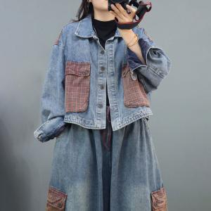 Light Wash Denim Jacket Front Checkered Pockets Oversized Biker Coat