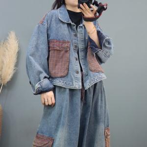 Light Wash Denim Jacket Front Checkered Pockets Oversized Biker Coat