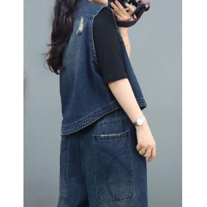 Dark Wash Vest Jacket Ripped Denim Waistcoat for Women