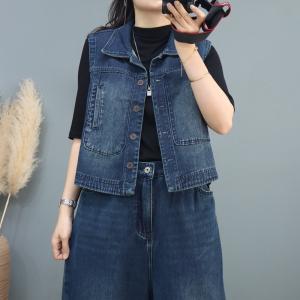 Dark Wash Vest Jacket Ripped Denim Waistcoat for Women