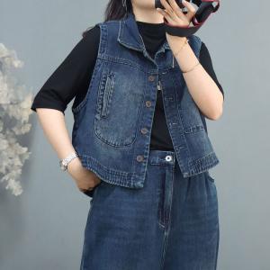 Dark Wash Vest Jacket Ripped Denim Waistcoat for Women