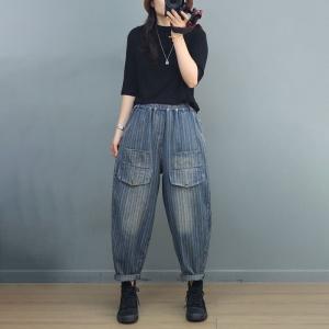 Straight Light Wash Front Pockets Striped Mom Jeans