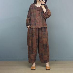 Frog Buttons Linen Blouse with Eastern Patterned Pants