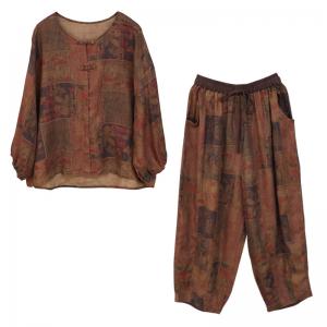 Frog Buttons Linen Blouse with Eastern Patterned Pants